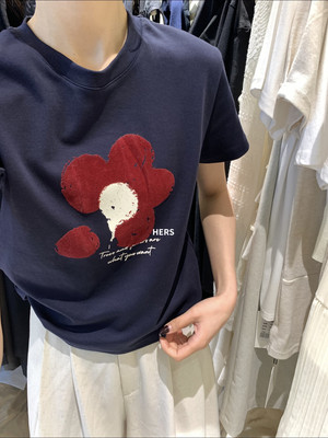 hers20664韩系植绒花朵圆领短袖T恤女夏季新款宽松小众设计感上衣