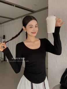 显瘦百搭u领长袖 元 修身 1加绒磨毛韩版 打底女冬内搭上衣T恤 熙3092