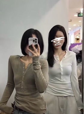 ADD93065亨利领加绒磨毛长袖T恤女秋冬修身显瘦内搭打底垫肩上衣