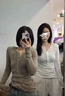 ADD93065亨利领加绒磨毛长袖T恤女秋冬修身显瘦内搭打底垫肩上衣