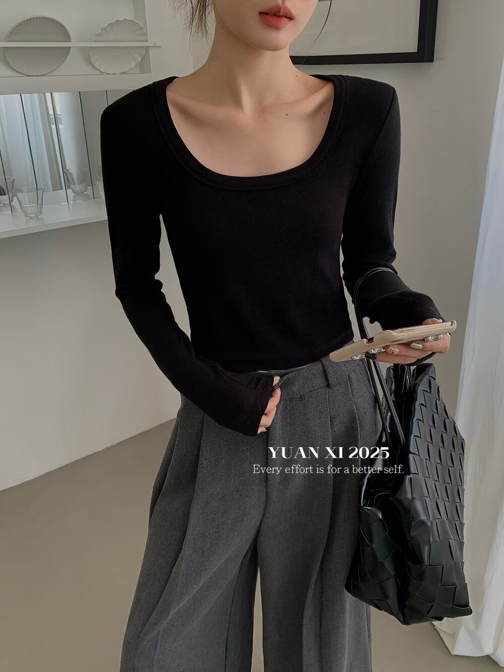 元熙8078简约方领长袖T恤女 秋冬弹力软高腰显瘦百搭打底上衣纯色