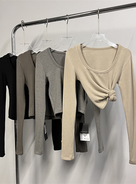 元熙8078秋冬新款纯色简约百搭高弹修身短款U领长袖T恤女加绒上衣