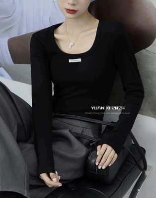 元熙8078-2加绒方领长袖T恤女高腰修身显瘦垫肩内搭打底衫上衣厚