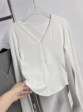 元熙6123春秋新款v领纯色简约休闲收腰显瘦长袖T恤内搭外穿上衣女