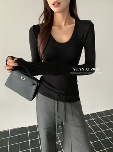 熙8118 显瘦百搭打底衫 1秋冬季 T恤女修身 上衣 U领加绒长袖 yuanxi元