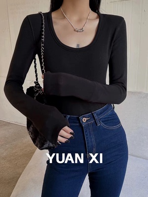 元熙6205-1秋冬U领长袖T恤女简约收腰显瘦加绒磨毛内搭打底衫上衣