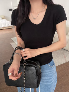 上衣潮 打底衫 闰熙runxi3652早秋简约u领气质百搭短袖 T恤女小飞袖