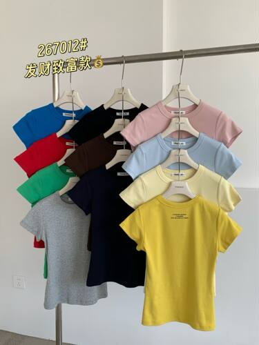 元熙家7012纯色修身显瘦圆领短袖T恤女26春夏收腰纸皮人正肩上衣