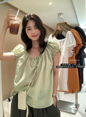 the limon柠檬绿茶10522法式甜美系绳圆领衬衫T恤女别致皱褶上衣