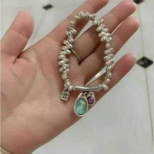 Vintage独家 西班牙Unode50复古做旧碎银挂锁不对称水晶手链潮流