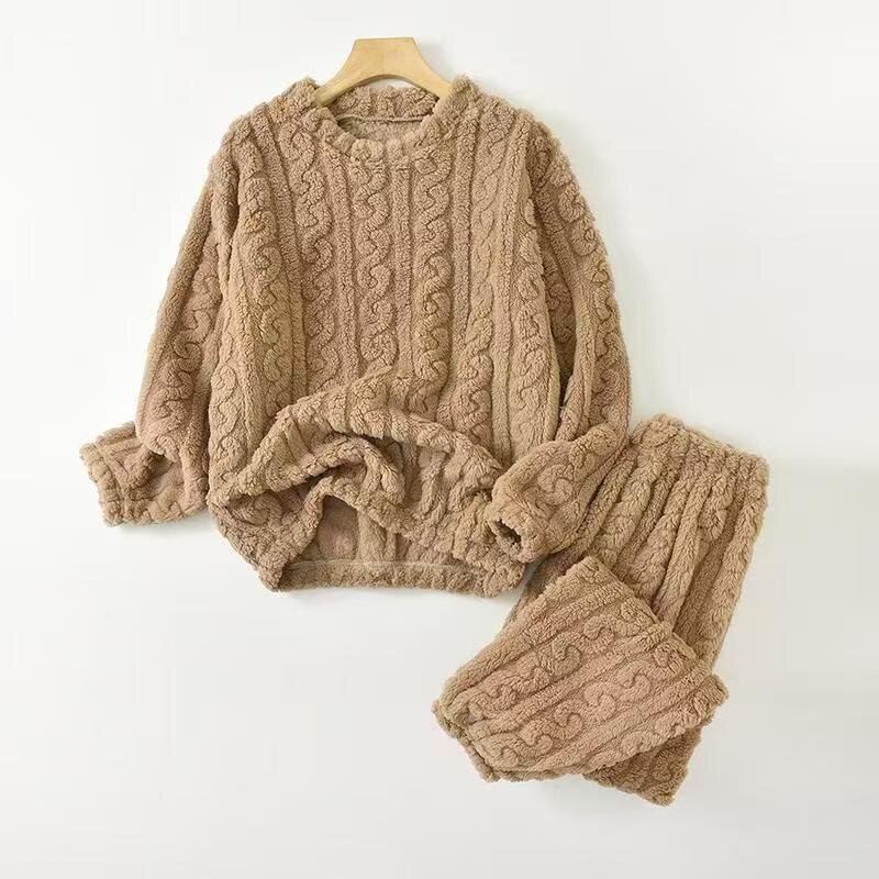 秋冬女童珊瑚绒睡衣长袖加绒男童家居服两件套中大童宽松暖暖套装