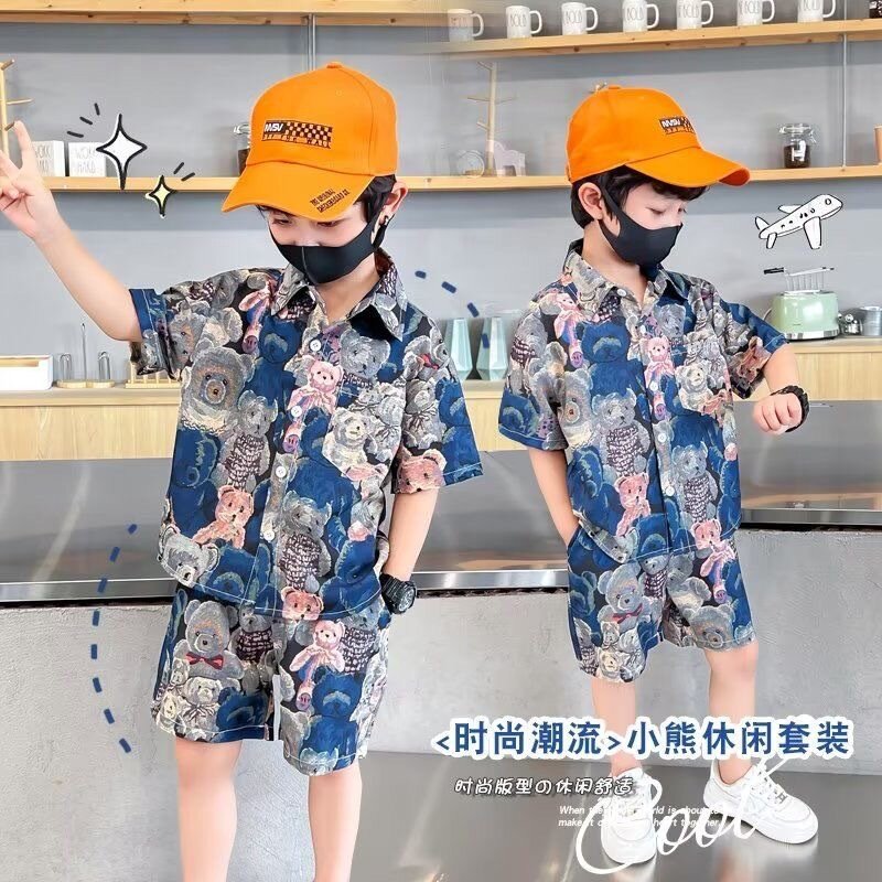 童装2026夏季新款儿童男童短袖宝宝卡通夏装衬衫短裤薄款套装图片