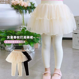 女童裤裙小女童春款裤子儿童肉裤网纱裙假两件连裤针织打底裤外穿