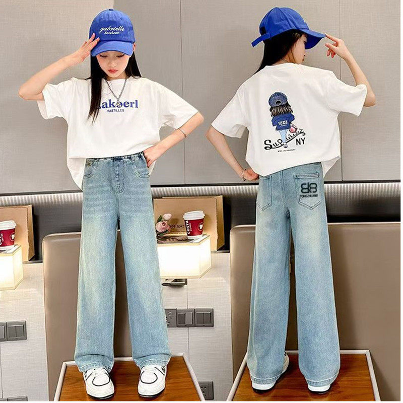 女童宽松版牛仔裤厂家儿童阔腿洋气外穿长裤中大童长裤新