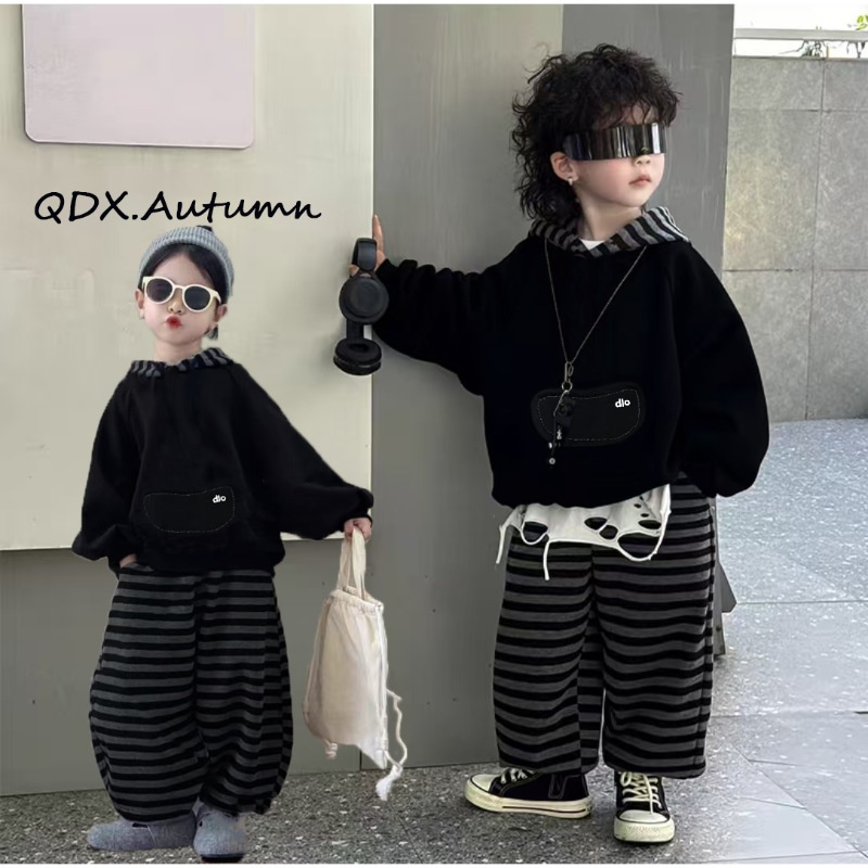 儿童套装2025秋季新款男童女童连帽卫衣条纹长裤韩版拉链衫