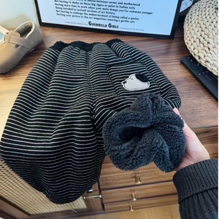 儿童加厚羊驼绒韩版条纹卫裤秋冬束脚男女童宝宝保暖收口休闲裤
