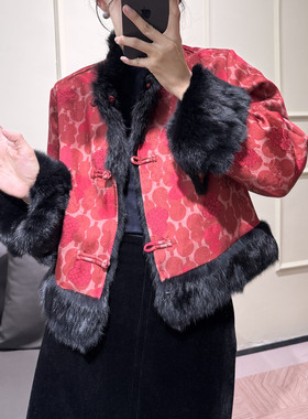 新中式红色狐狸毛皮草外套女短款立领盘扣保暖时尚整皮毛领双面穿