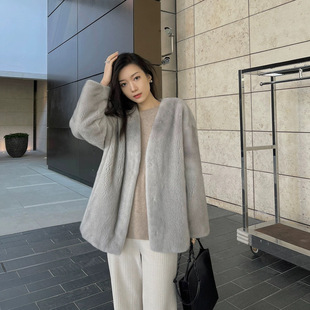 大衣 款 仿水貂毛毛简约中长款 V领显瘦外套环保毛女士皮草年轻时尚