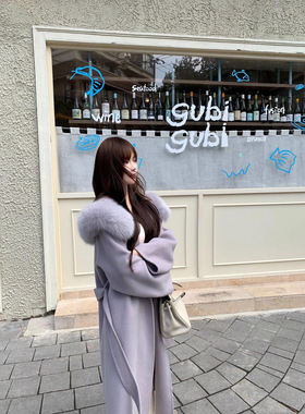 秋冬紫色高级感狐狸毛双面羊绒大衣女中长款系带毛呢皮草外套百搭