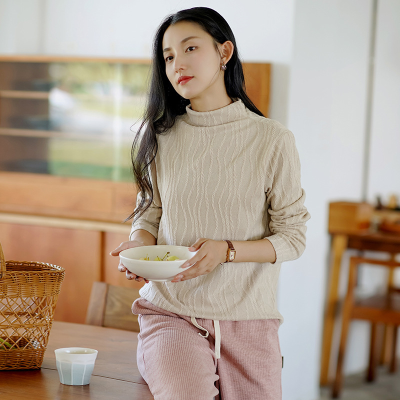 2024春秋新中式女装新款半高领打底衫女复古提花内搭上衣长袖外穿