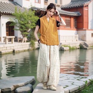 亚麻磨毛灯笼裤女春秋2024新款高端棉麻长裤子宽松穿搭复古补衲风