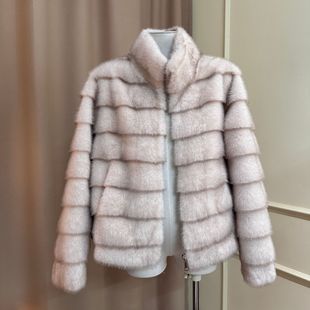 横排仿水貂“千层布郎尼”冬季新款小立领环保皮草毛毛外套女长袖