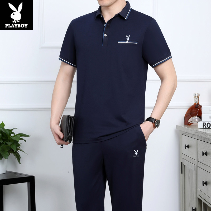 花花公子中老年运动套装夏季男士纯棉短袖polo衫长裤两件套爸爸装