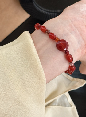 自制新中式复古天然红玛瑙红胶花编织手链抽拉可调节百搭温柔手串