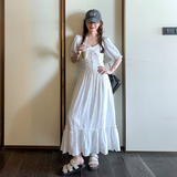 白色V领泡泡袖连衣裙女2025夏季新款法式收腰韩系温柔风初恋长裙，女装连衣裙，浙宝203