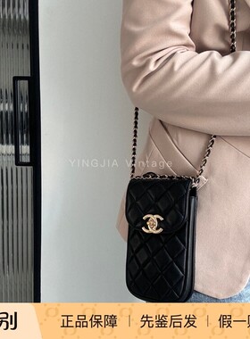 Chanel香奈儿经典黑金双c菱格链条手机包