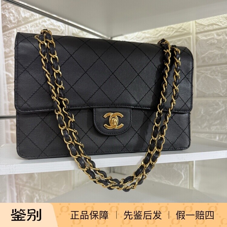 Chanel vintage 鱼子酱黑金菱格纹双c扣奶粉链条包