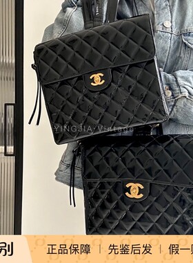 CHANEL黑金漆皮贝嫂扣方胖子双肩包水原希子同款 已中检