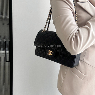 vintage Chanel 黑金鱼子酱cf中号链条包带卡尘袋