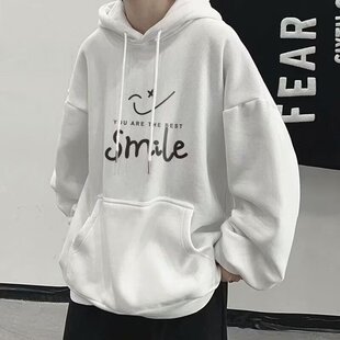 秋冬连帽卫衣日系卫衣男微笑印花春秋薄外套运动港风袋鼠兜情侣装