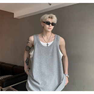 t恤宽松短袖 灰色美式 设计感外穿运动坎肩无袖 夏季 假两件背心男款