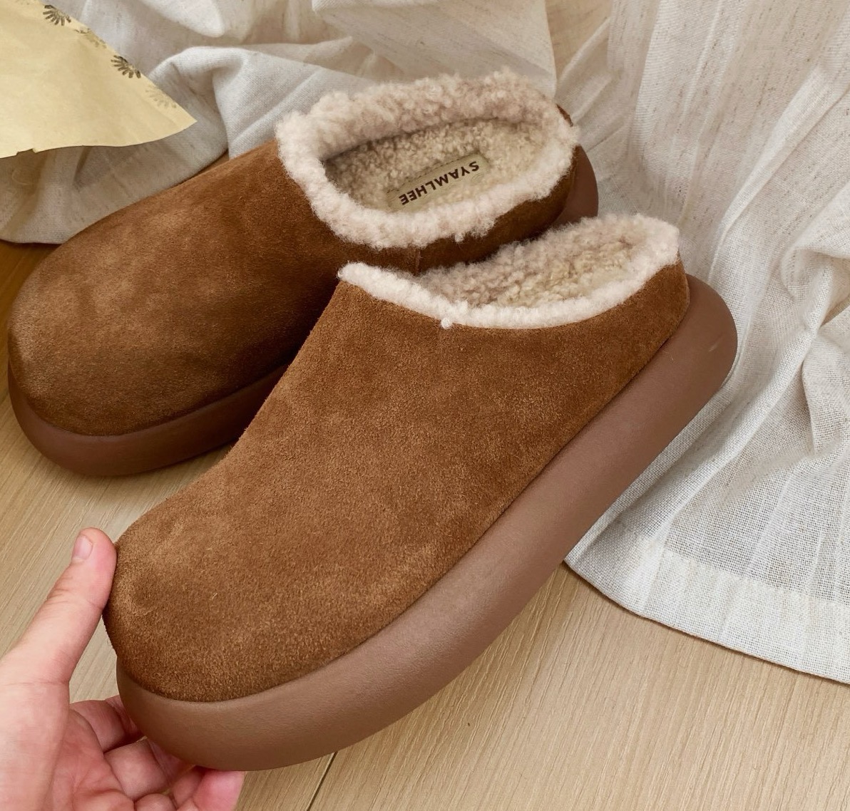 5CM增高羊皮毛一体大土豆棉拖女外穿时尚2025冬包头拖鞋加绒加厚