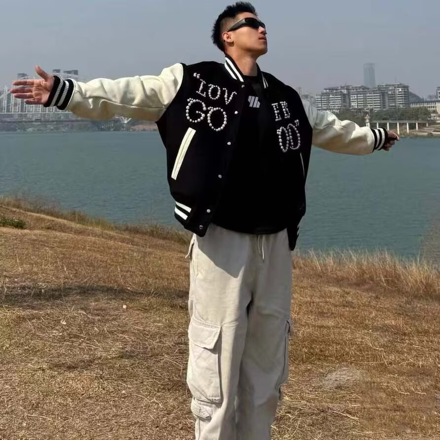 美式复古棒球服外套男女春季撞色珍珠字母夹克宽松潮流上衣情侣款