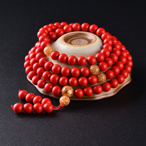 漆器雕漆红朱砂108颗佛珠多圈手链本命年情侣手串饰女款生日礼物