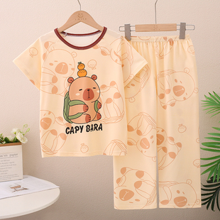 夏季儿童睡衣男童短袖长裤套装卡通卡皮巴拉女孩中大童空调家居服