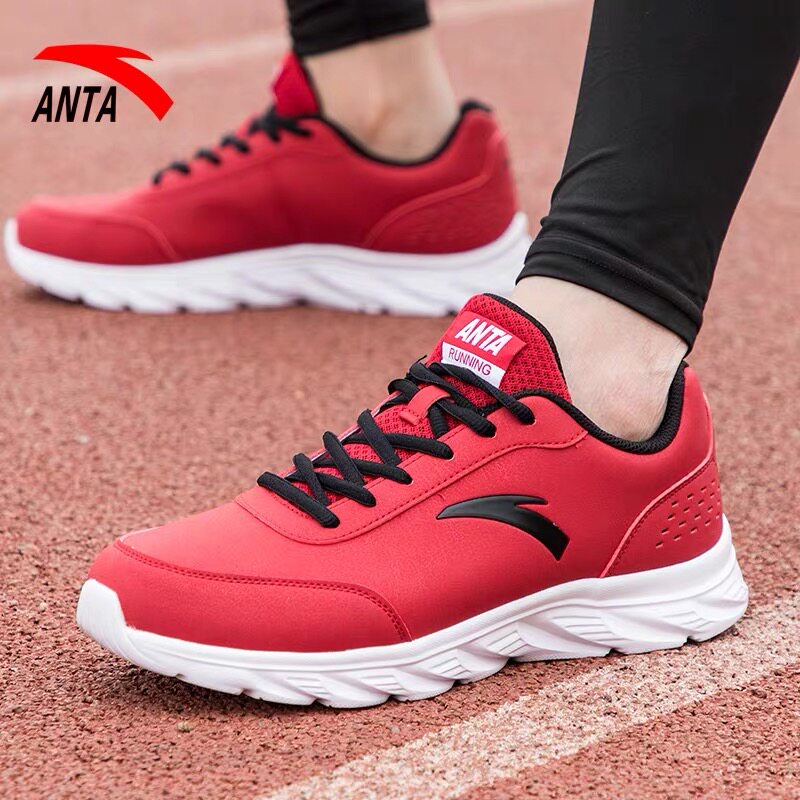 安踏男鞋运动鞋男红色2024秋冬新款皮面防水休闲鞋子旗舰店跑步鞋