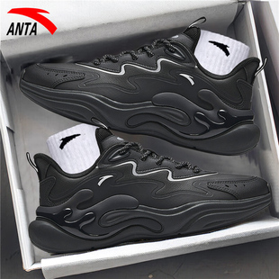 子皮面运动鞋 安踏男鞋 休闲鞋 黑色2025秋冬新款 男 潮拜6软底老爹鞋