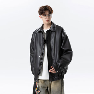 502-2-JK032-P128美式PU假两件格纹夹克男宽松拼接翻领外套图片