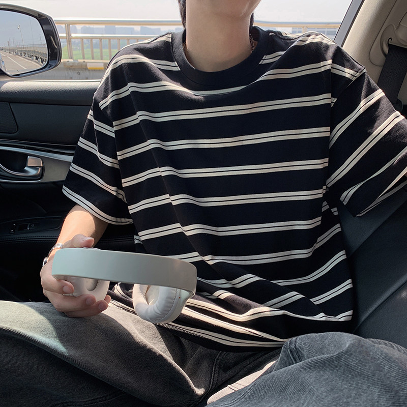 wassuphappy条纹短袖t恤男夏季日系少年感穿搭宽松休闲五分半袖,男装T恤,星座502-2（原1014A）