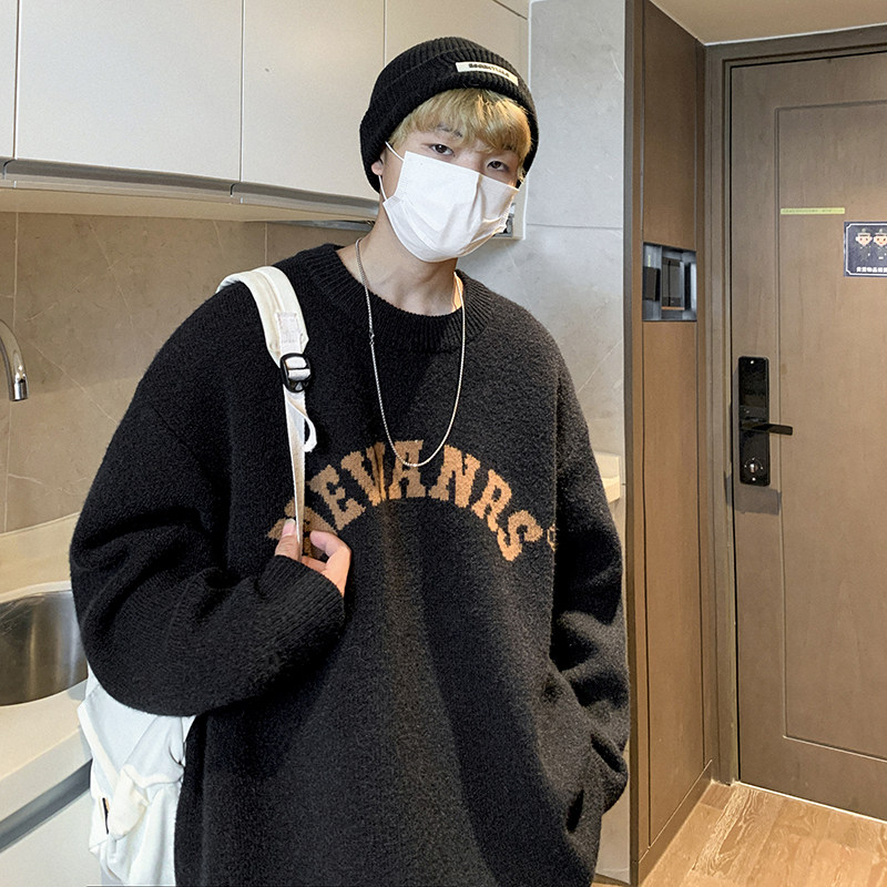 1014A~KS005~2022冬季新款圆领毛衣男潮牌加厚针织衫P70限价89图片