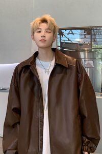 502-2-JK037-P108翻领pu皮面料皮衣男潮流休闲宽松皮衣外套男图片