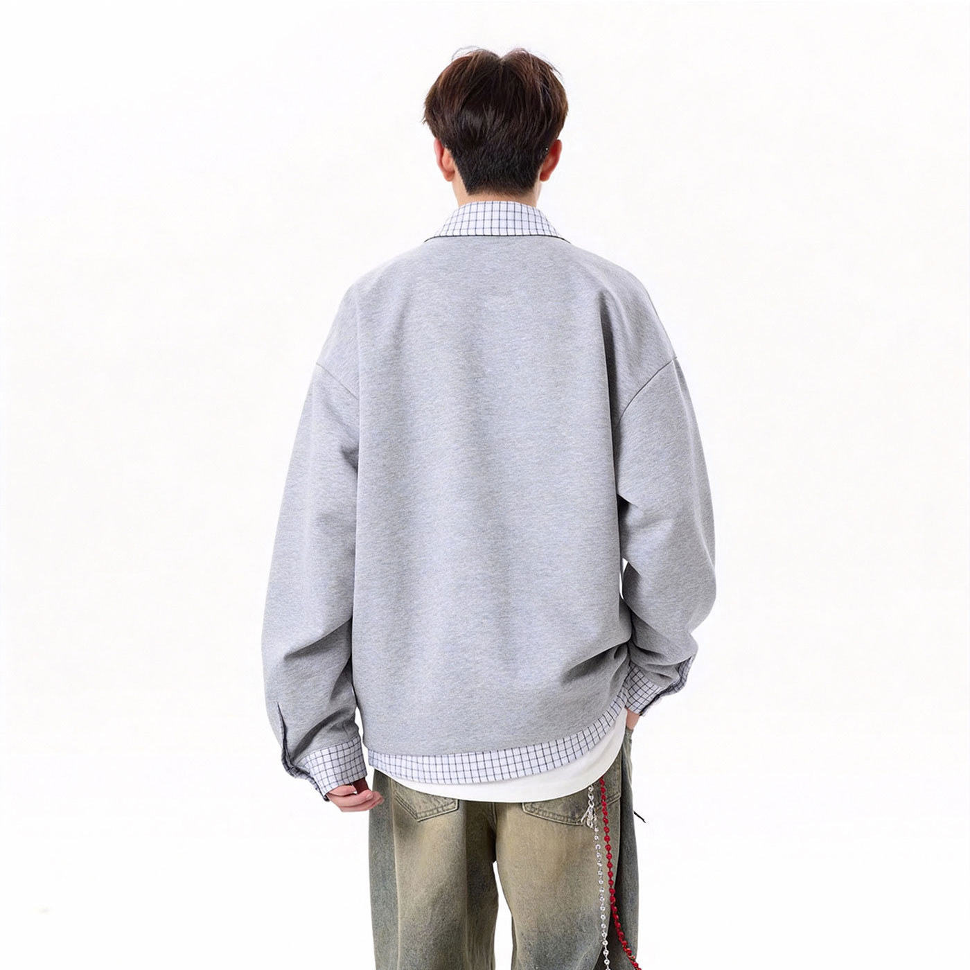 现货502-2-WY109-P48春款格纹假两件长袖卫衣,男装卫衣,星座502-2（原1014A）