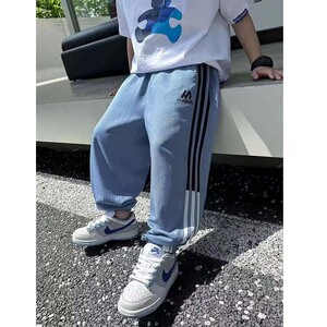 男童防蚊裤冰丝夏季薄款刺绣字母儿童长裤童装弹力束脚三杠休闲裤