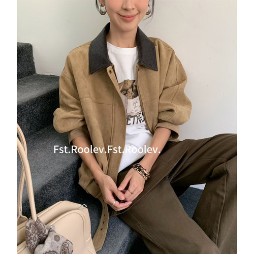 FST撞色翻领卡其麂皮绒短款夹克