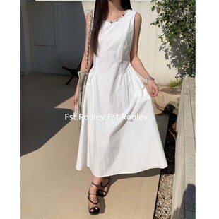 FST法式无袖背心连衣裙女夏季2026新款高级感褶皱收腰小个子长裙