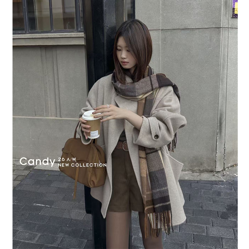 Candy糖果 韩版系带双面呢外套女秋冬高级感小个子呢子大衣配围巾